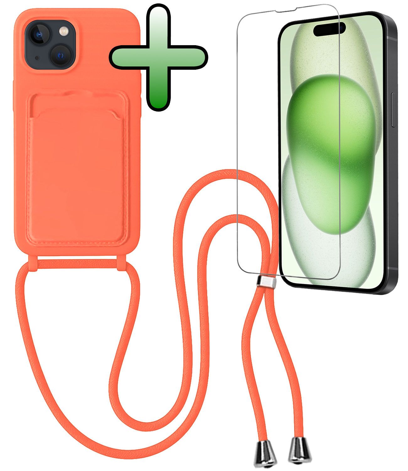 BASEY. BASEY. iPhone 15 Hoesje Pashouder met Koord Met Screenprotector - Papaya