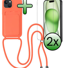 BASEY. BASEY. iPhone 15 Hoesje Pashouder met Koord Met 2x Screenprotector - Papaya