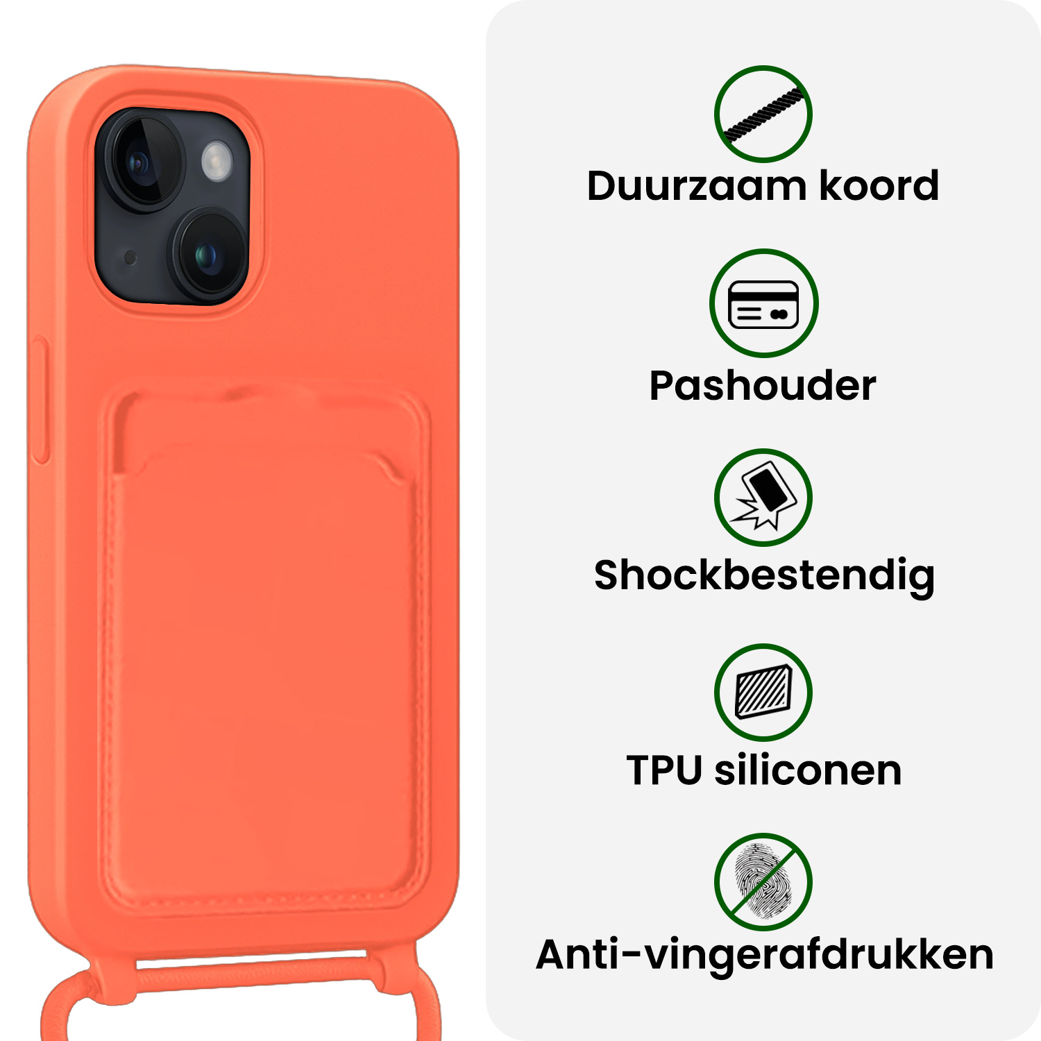 BASEY. BASEY. iPhone 15 Hoesje Pashouder met Koord Met 2x Screenprotector - Papaya