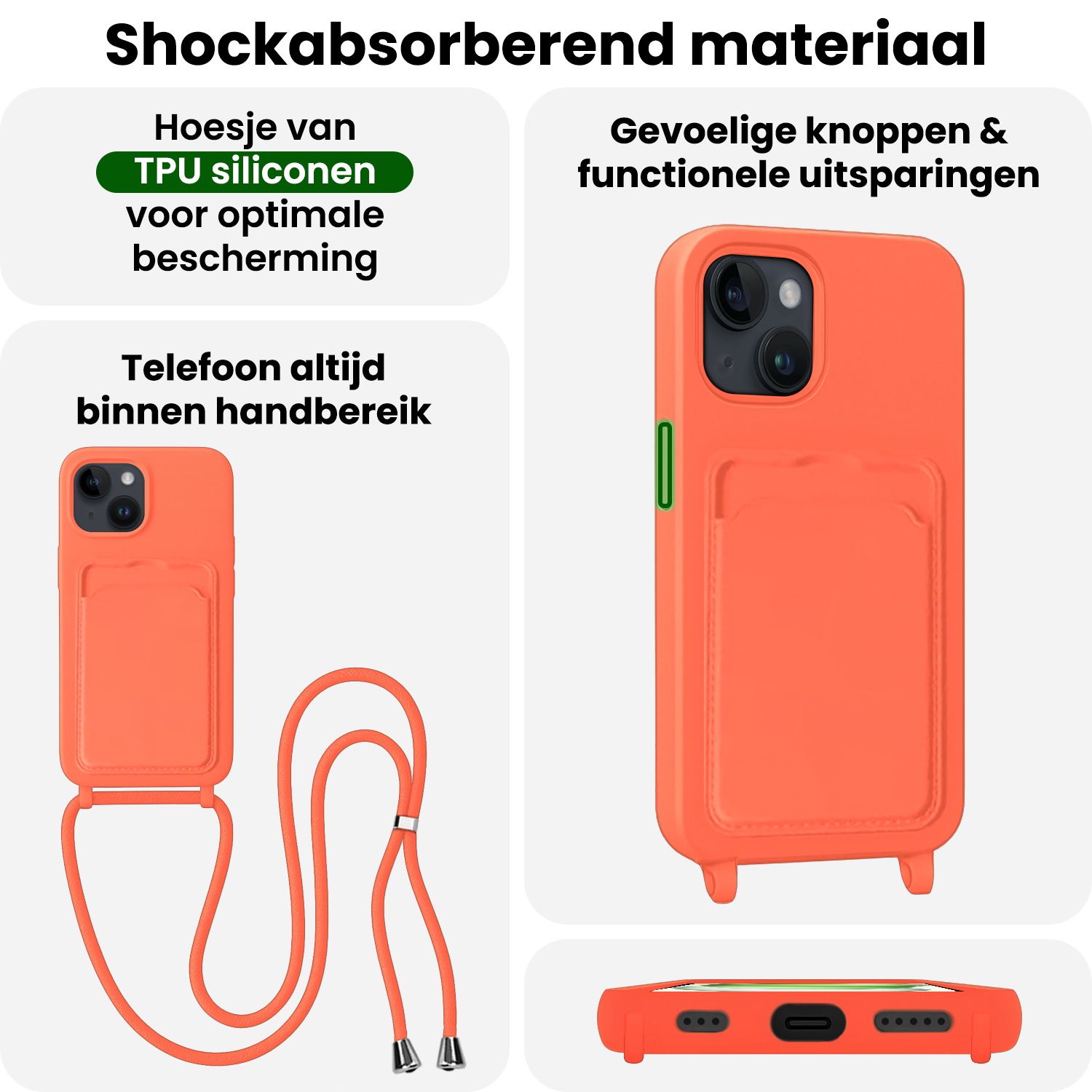 BASEY. BASEY. iPhone 15 Hoesje Pashouder met Koord Met 2x Screenprotector - Papaya