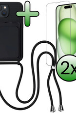 BASEY. BASEY. iPhone 15 Hoesje Pashouder met Koord Met 2x Screenprotector - Zwart
