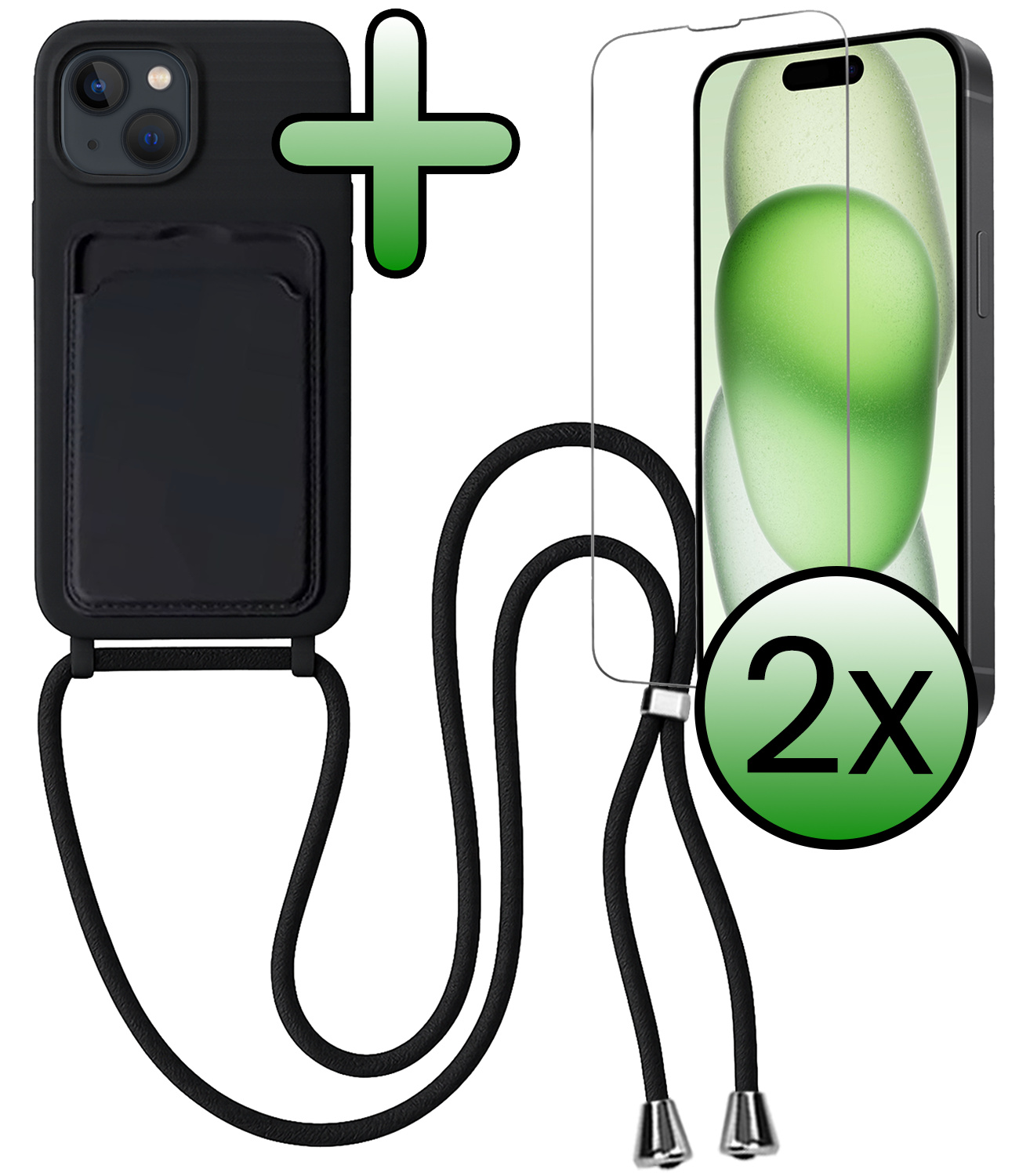 BASEY. BASEY. iPhone 15 Hoesje Pashouder met Koord Met 2x Screenprotector - Zwart