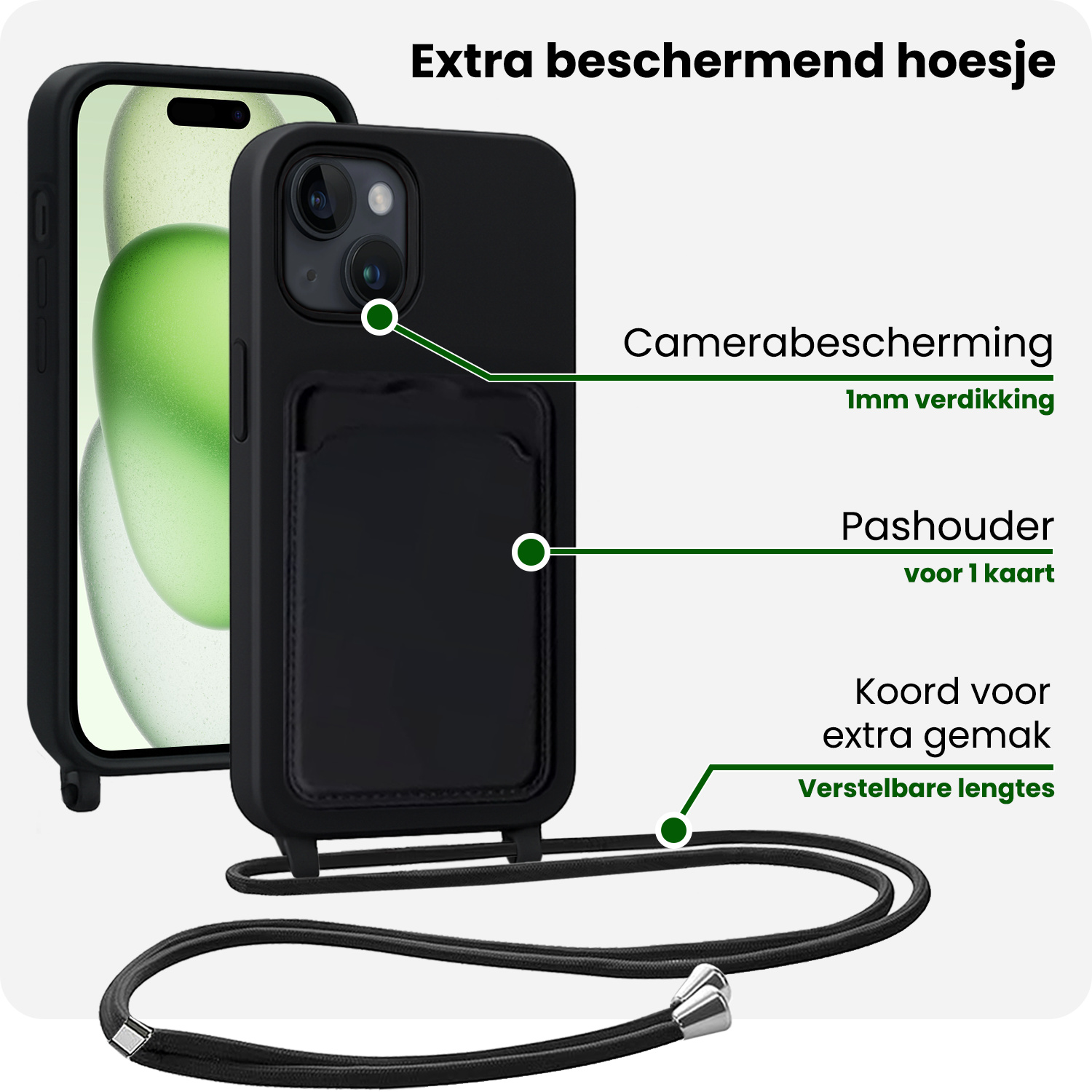 BASEY. BASEY. iPhone 15 Hoesje Pashouder met Koord Met 2x Screenprotector - Zwart