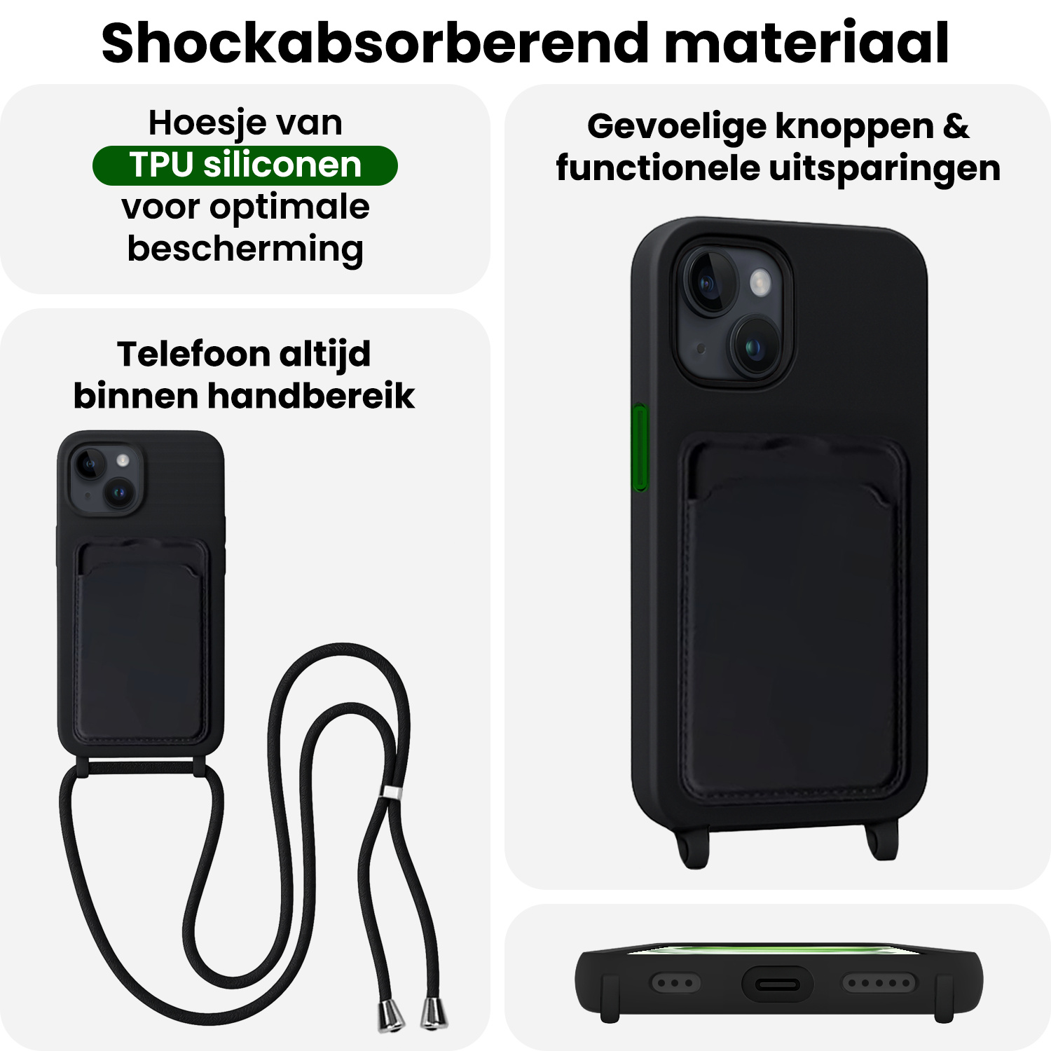 BASEY. BASEY. iPhone 15 Hoesje Pashouder met Koord Met 2x Screenprotector - Zwart