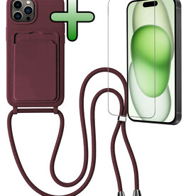 BASEY. BASEY. iPhone 15 Pro Hoesje Pashouder met Koord Met Screenprotector - Aubergine