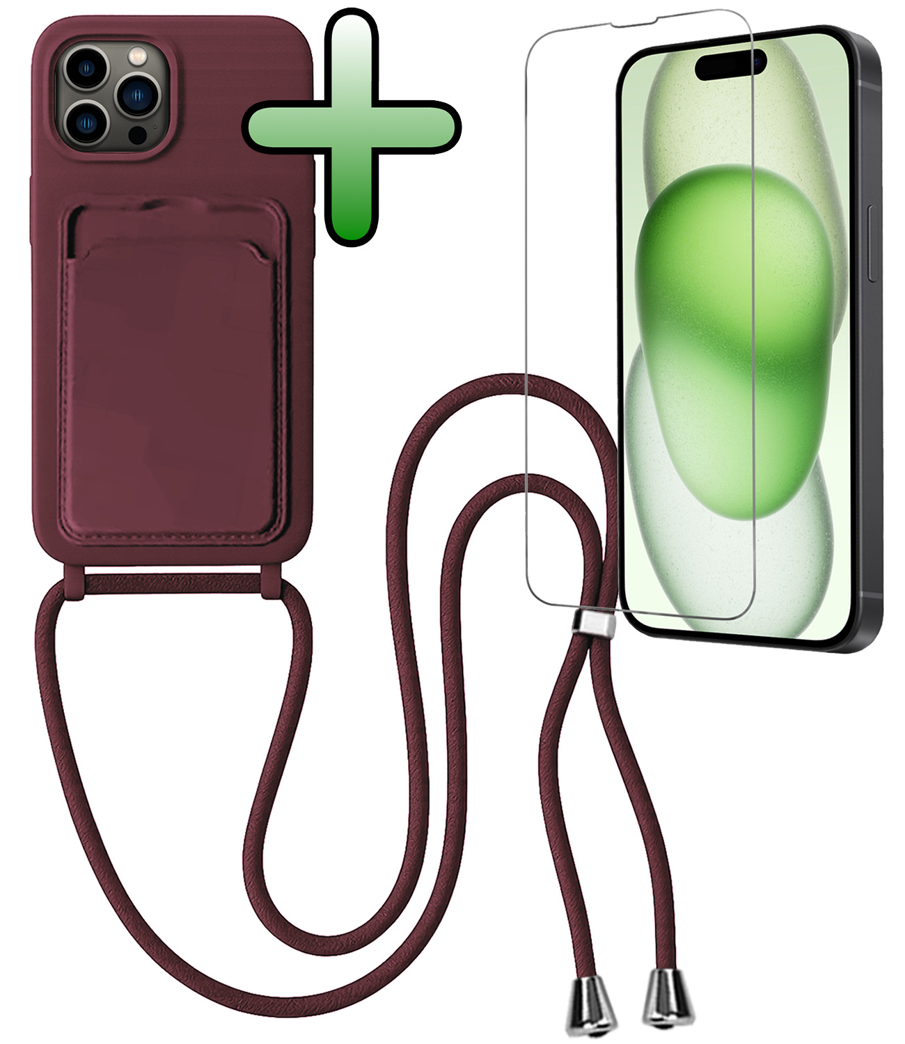BASEY. BASEY. iPhone 15 Pro Hoesje Pashouder met Koord Met Screenprotector - Aubergine