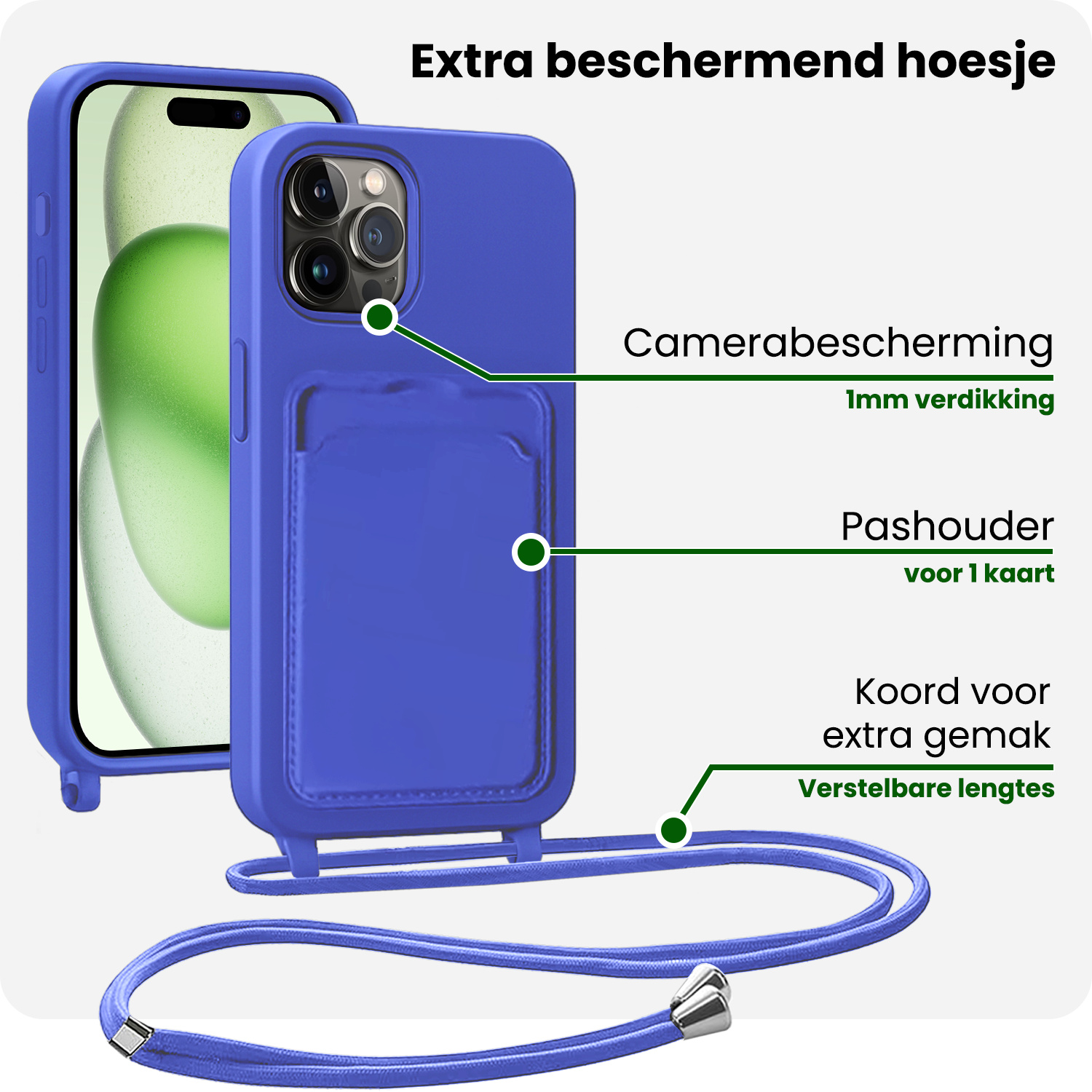 BASEY. BASEY. iPhone 15 Pro Hoesje Pashouder met Koord Met Screenprotector - Fel Blauw