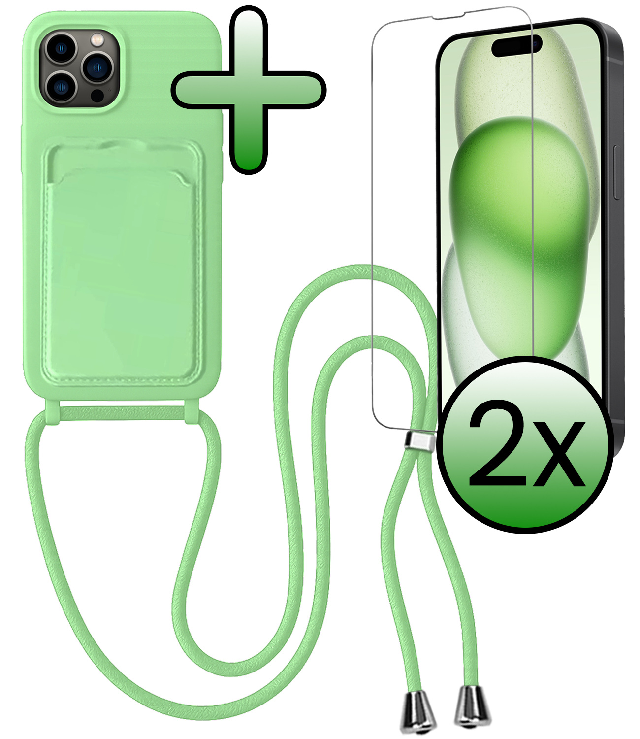BASEY. BASEY. iPhone 15 Pro Hoesje Pashouder met Koord Met 2x Screenprotector - Groen