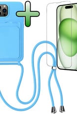 BASEY. BASEY. iPhone 15 Pro Hoesje Pashouder met Koord Met Screenprotector - Lichtblauw