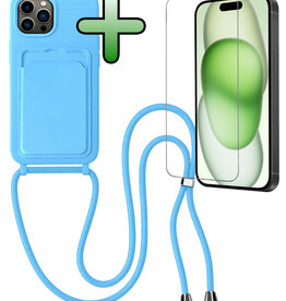 BASEY. BASEY. iPhone 15 Pro Hoesje Pashouder met Koord Met Screenprotector - Lichtblauw
