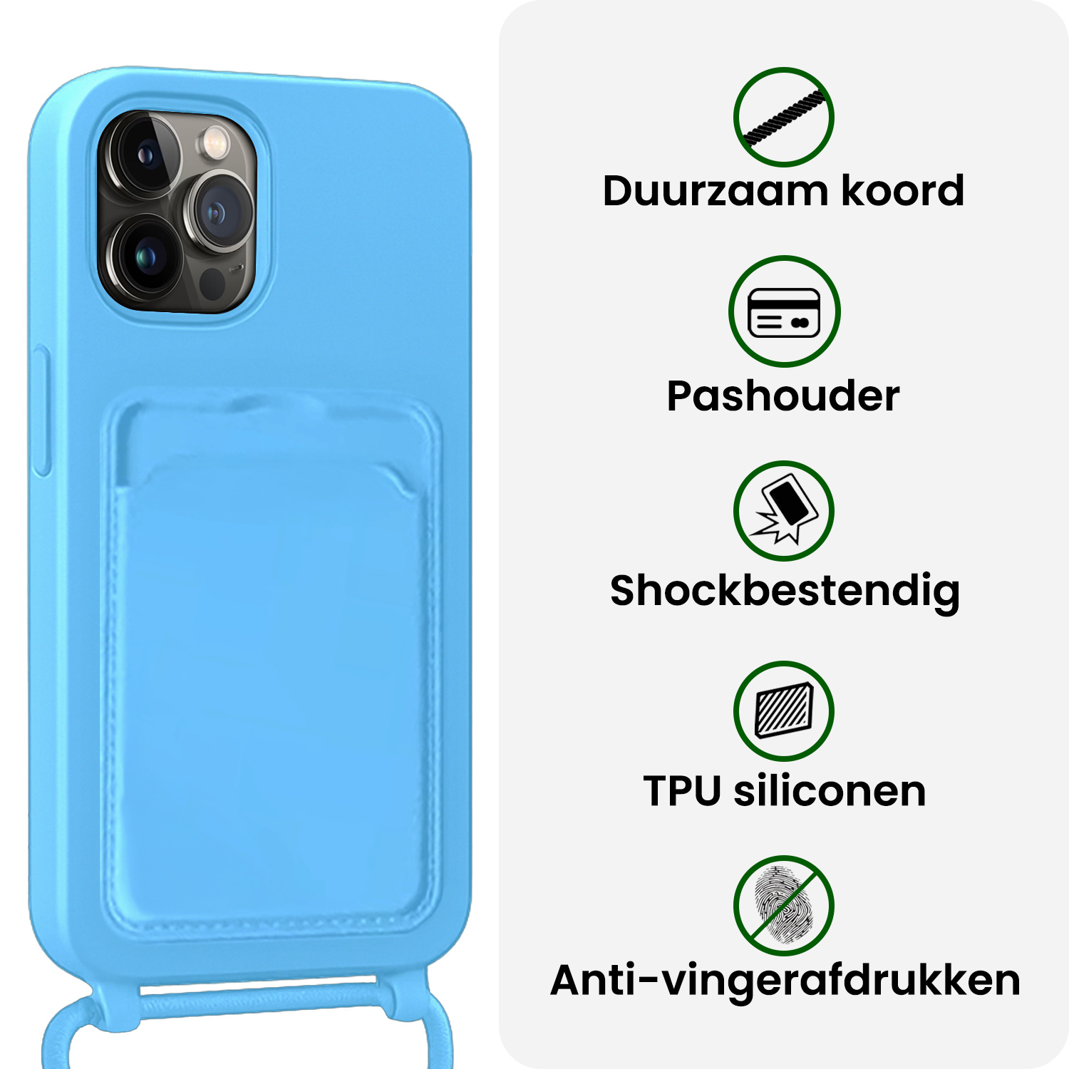 BASEY. BASEY. iPhone 15 Pro Hoesje Pashouder met Koord Met Screenprotector - Lichtblauw
