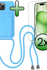 BASEY. BASEY. iPhone 15 Pro Hoesje Pashouder met Koord Met 2x Screenprotector - Lichtblauw
