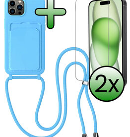 BASEY. BASEY. iPhone 15 Pro Hoesje Pashouder met Koord Met 2x Screenprotector - Lichtblauw