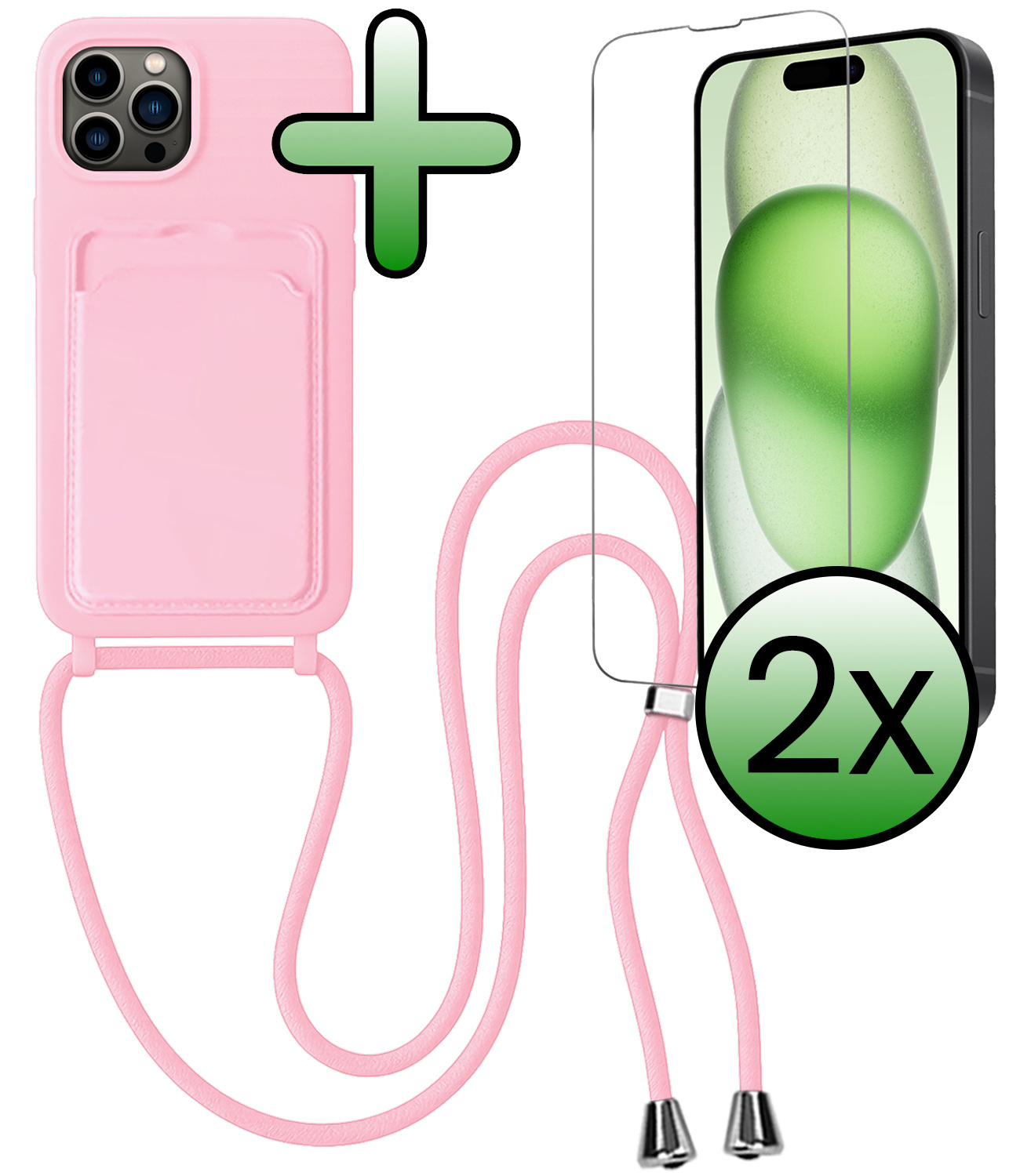 BASEY. BASEY. iPhone 15 Pro Hoesje Pashouder met Koord Met 2x Screenprotector - Lichtroze