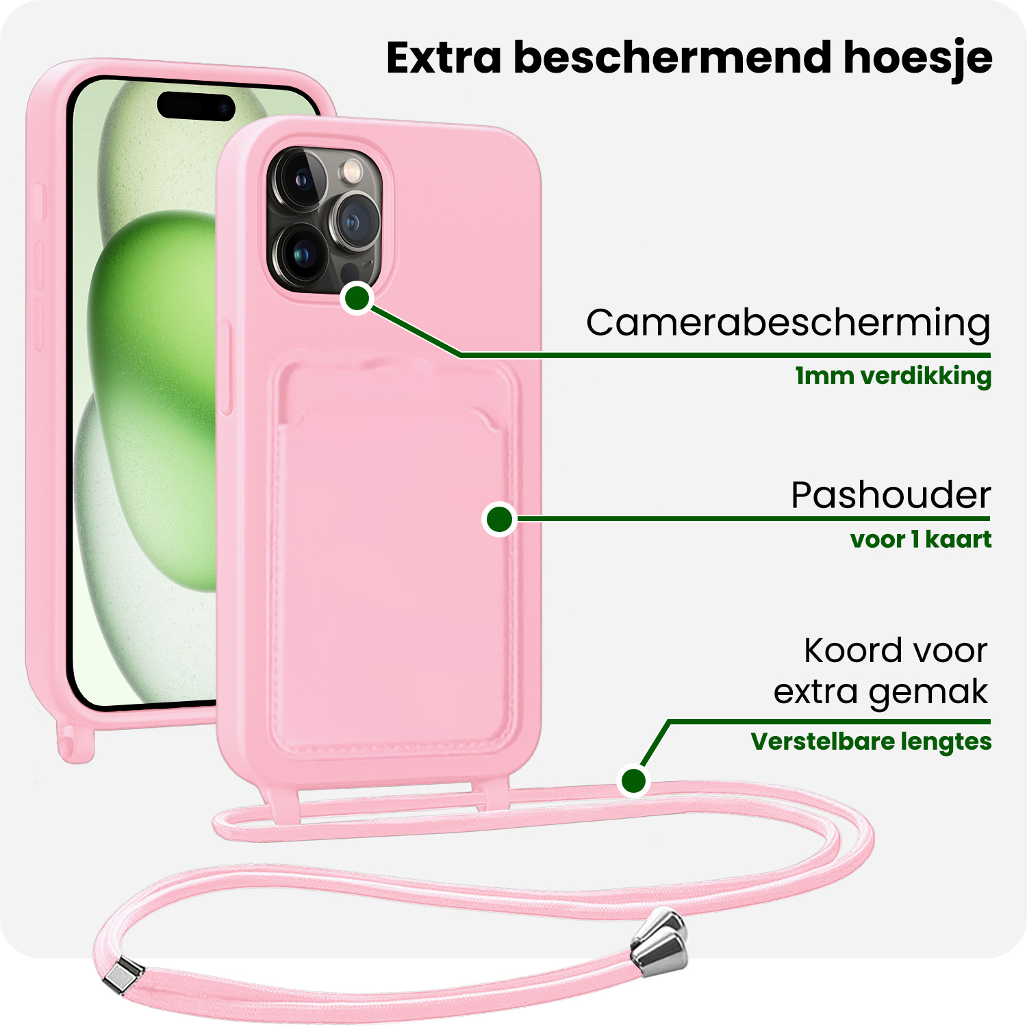 BASEY. BASEY. iPhone 15 Pro Hoesje Pashouder met Koord Met 2x Screenprotector - Lichtroze