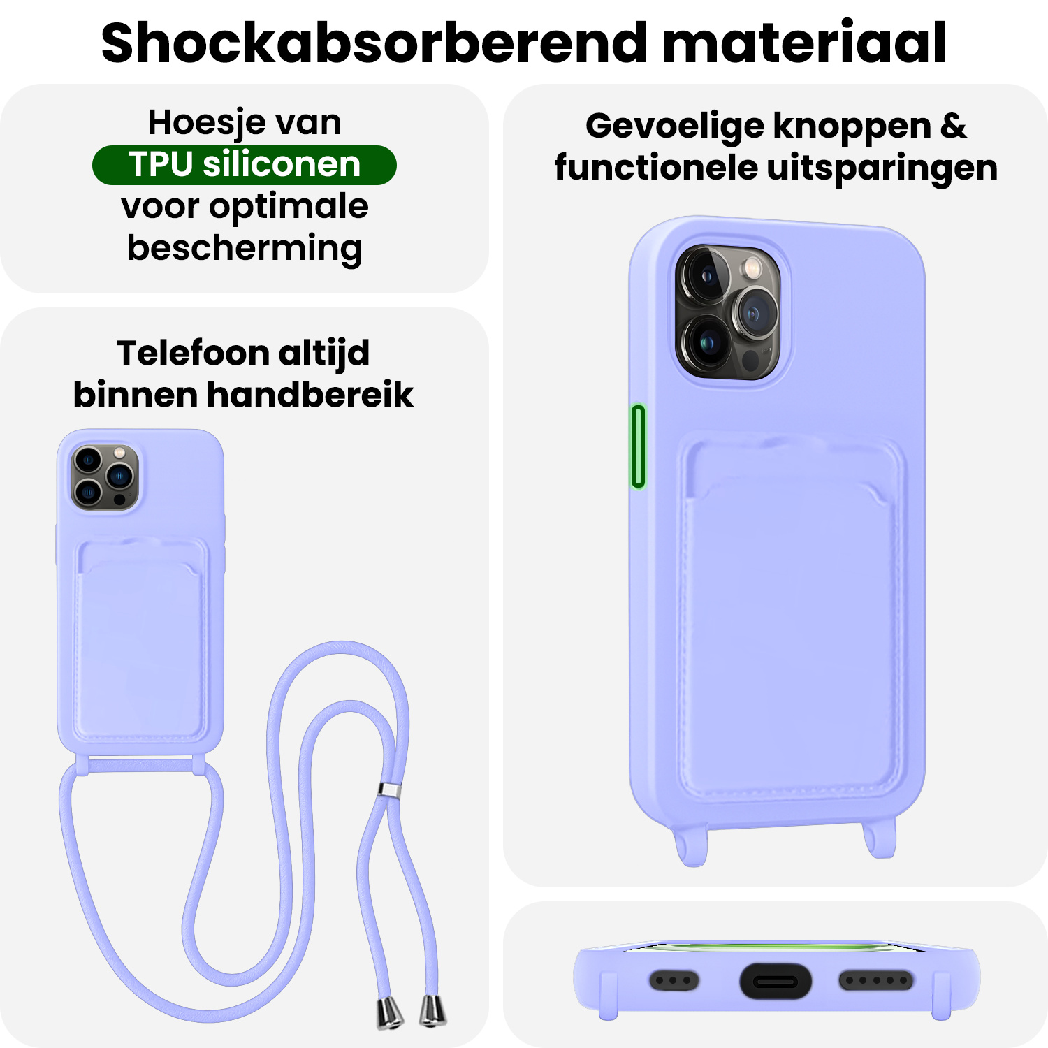 BASEY. BASEY. iPhone 15 Pro Hoesje Pashouder met Koord - Lila - 2 PACK