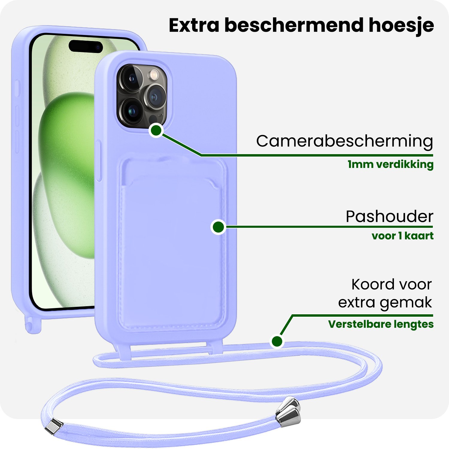 BASEY. BASEY. iPhone 15 Pro Hoesje Pashouder met Koord Met Screenprotector - Lila