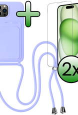 BASEY. BASEY. iPhone 15 Pro Hoesje Pashouder met Koord Met 2x Screenprotector - Lila