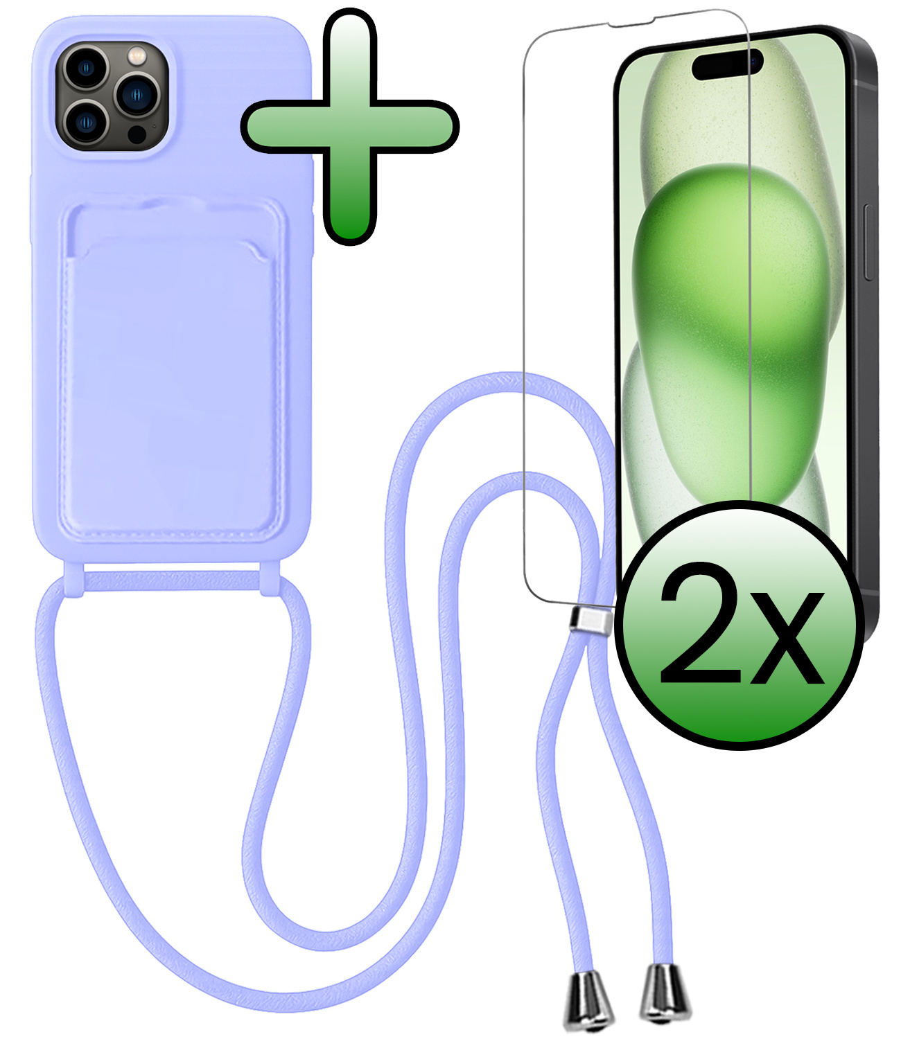 BASEY. BASEY. iPhone 15 Pro Hoesje Pashouder met Koord Met 2x Screenprotector - Lila
