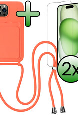 BASEY. BASEY. iPhone 15 Pro Hoesje Pashouder met Koord Met 2x Screenprotector - Papaya