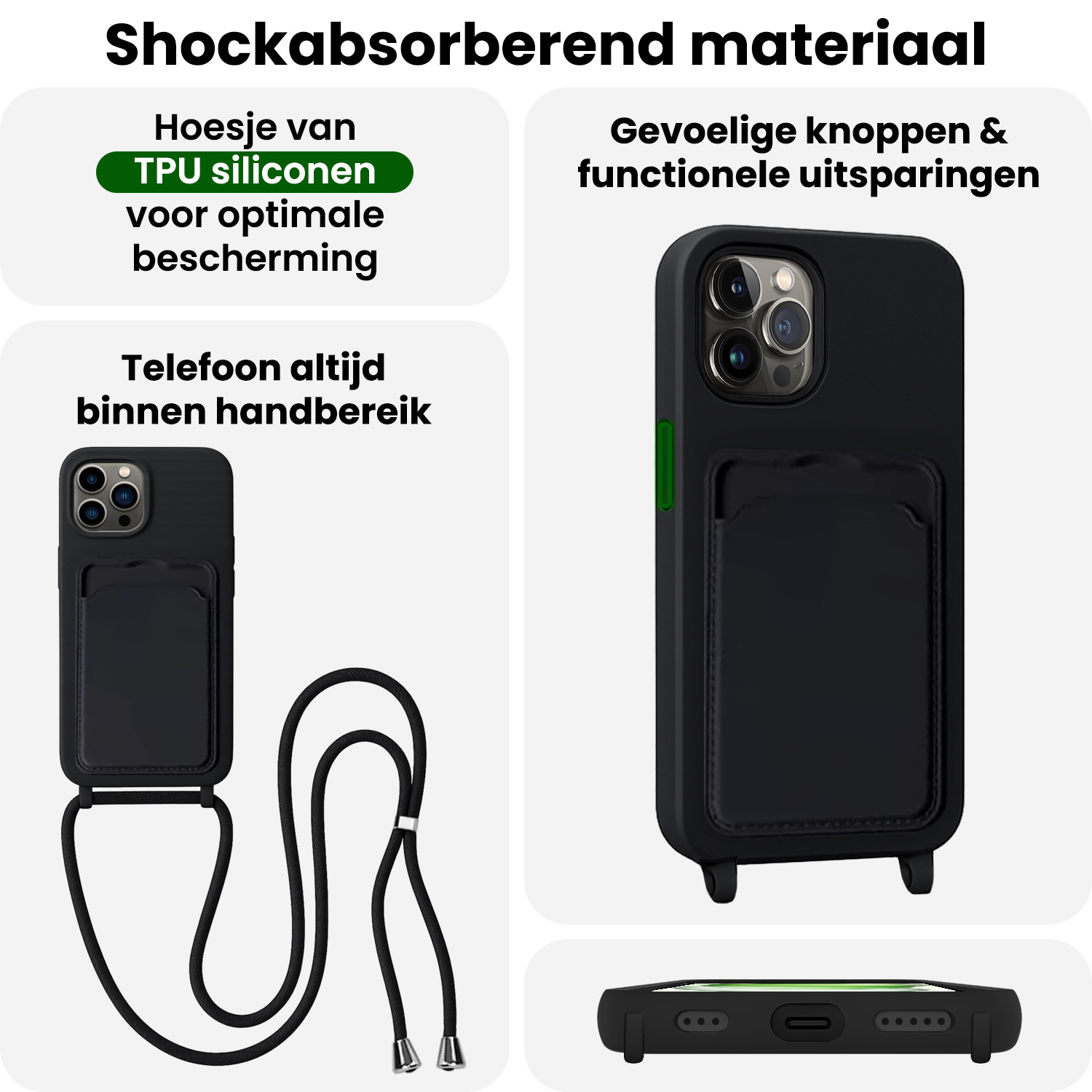 BASEY. BASEY. iPhone 15 Pro Hoesje Pashouder met Koord - Zwart - 2 PACK