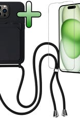 BASEY. BASEY. iPhone 15 Pro Hoesje Pashouder met Koord Met Screenprotector - Zwart