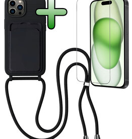 BASEY. BASEY. iPhone 15 Pro Hoesje Pashouder met Koord Met Screenprotector - Zwart