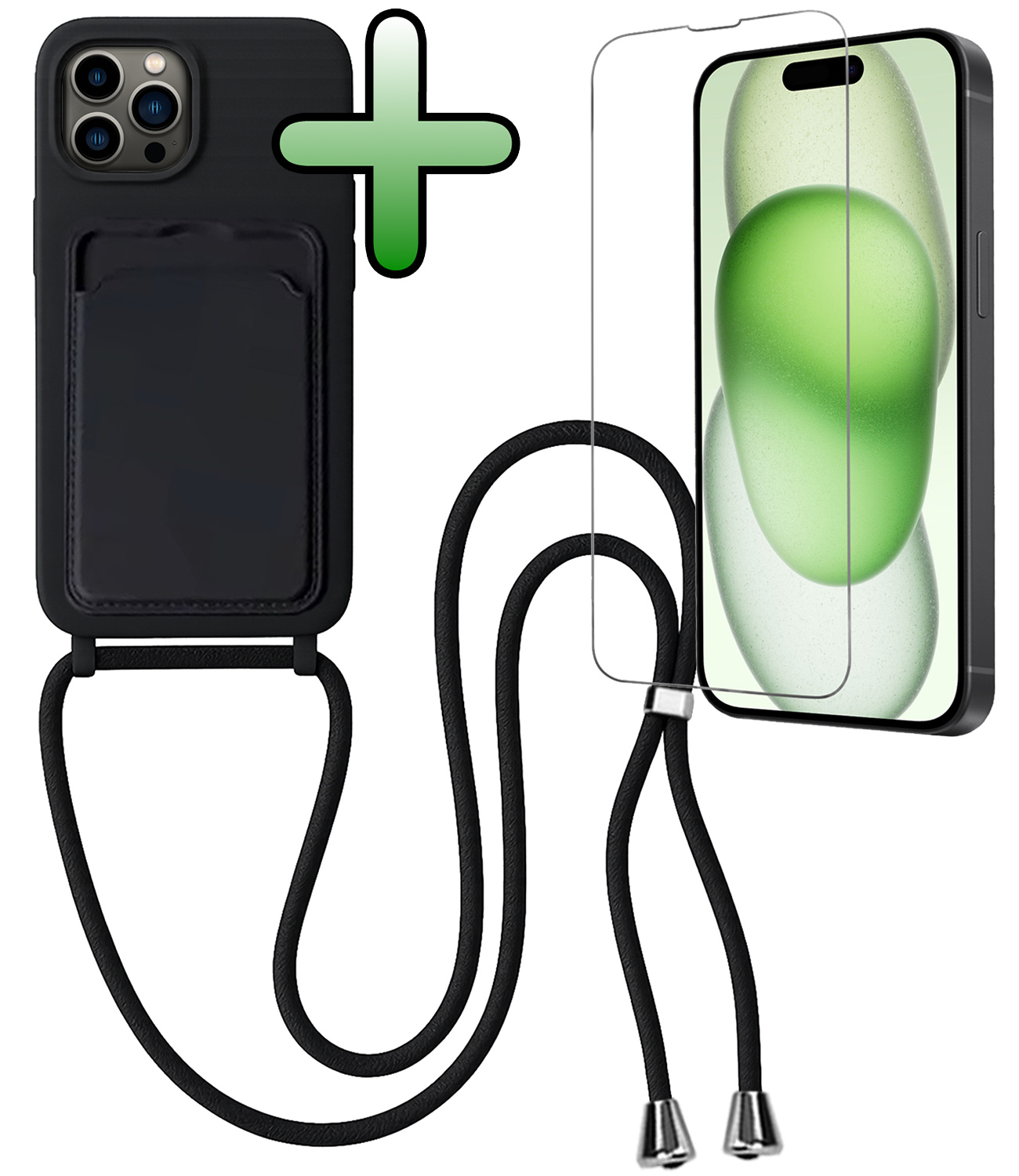 BASEY. BASEY. iPhone 15 Pro Hoesje Pashouder met Koord Met Screenprotector - Zwart