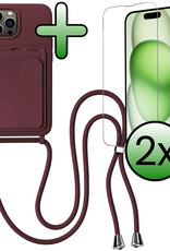 BASEY. BASEY. iPhone 15 Pro Max Hoesje Pashouder met Koord Met 2x Screenprotector - Aubergine