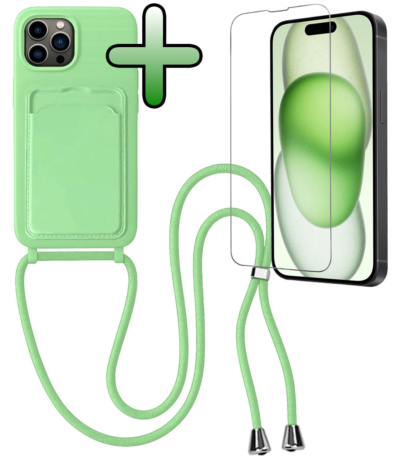 BASEY. BASEY. iPhone 15 Pro Max Hoesje Pashouder met Koord Met Screenprotector - Groen