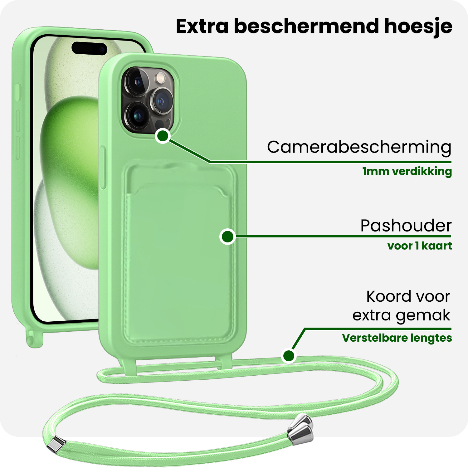 BASEY. BASEY. iPhone 15 Pro Max Hoesje Pashouder met Koord Met Screenprotector - Groen