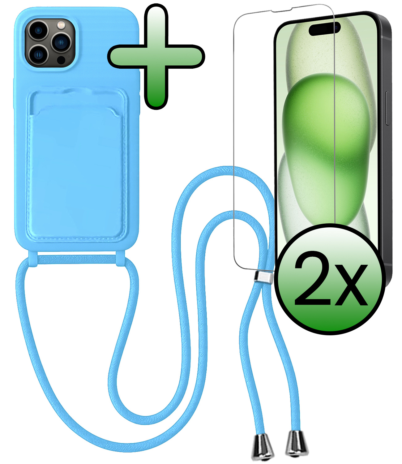 BASEY. BASEY. iPhone 15 Pro Max Hoesje Pashouder met Koord Met 2x Screenprotector - Lichtblauw