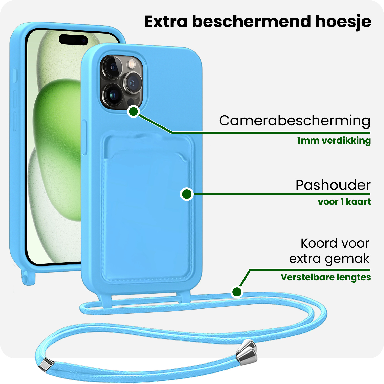 BASEY. BASEY. iPhone 15 Pro Max Hoesje Pashouder met Koord Met 2x Screenprotector - Lichtblauw