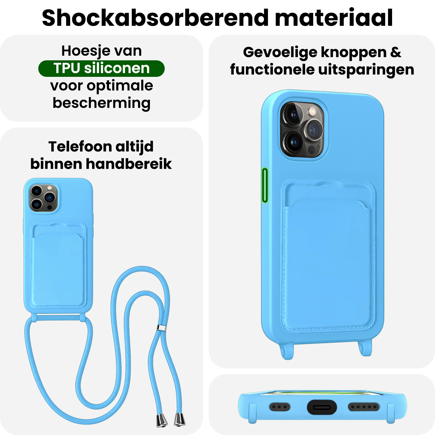 BASEY. BASEY. iPhone 15 Pro Max Hoesje Pashouder met Koord Met 2x Screenprotector - Lichtblauw