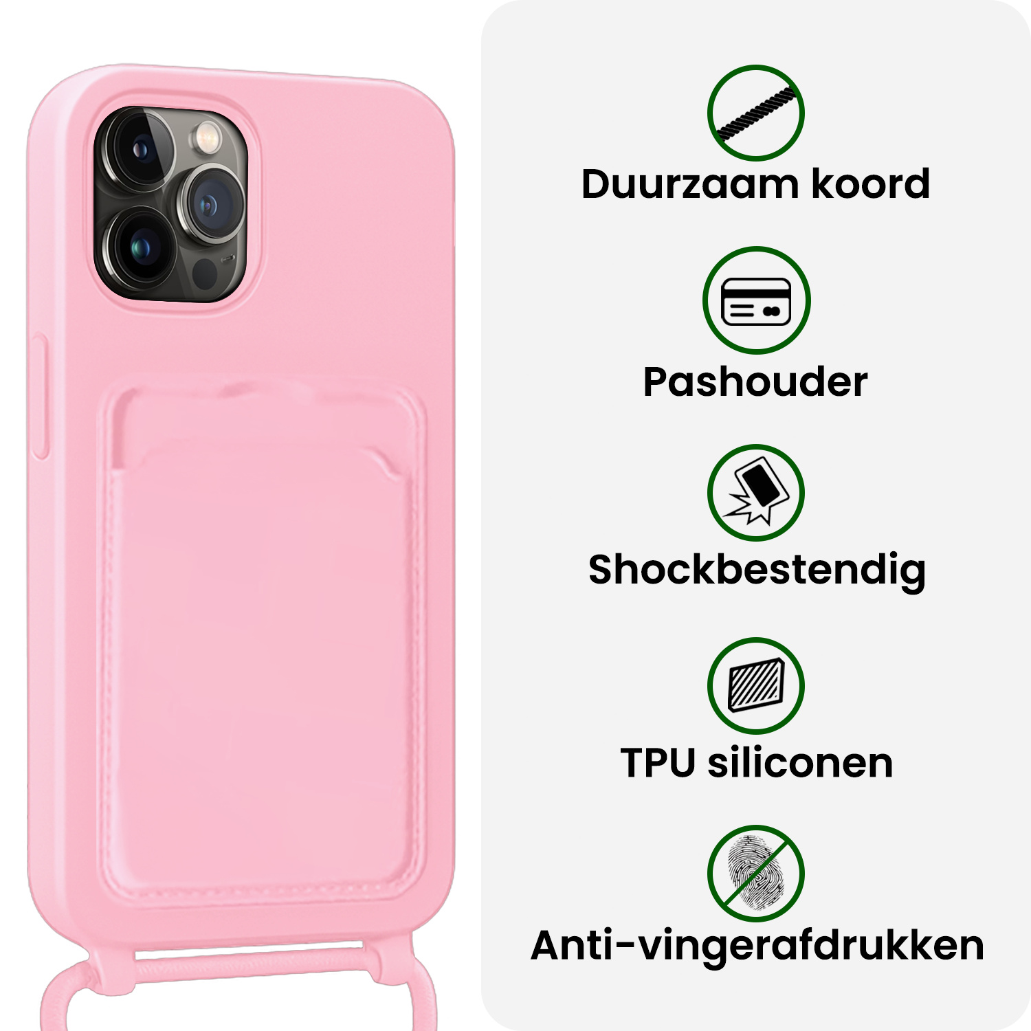 BASEY. BASEY. iPhone 15 Pro Max Hoesje Pashouder met Koord Met 2x Screenprotector - Lichtroze