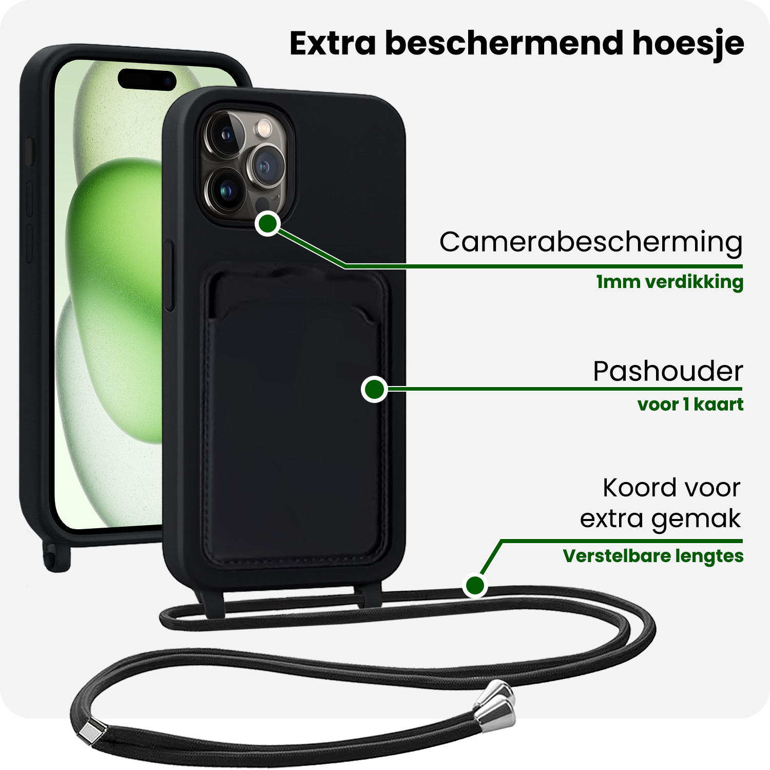 BASEY. BASEY. iPhone 15 Pro Max Hoesje Pashouder met Koord - Zwart - 2 PACK