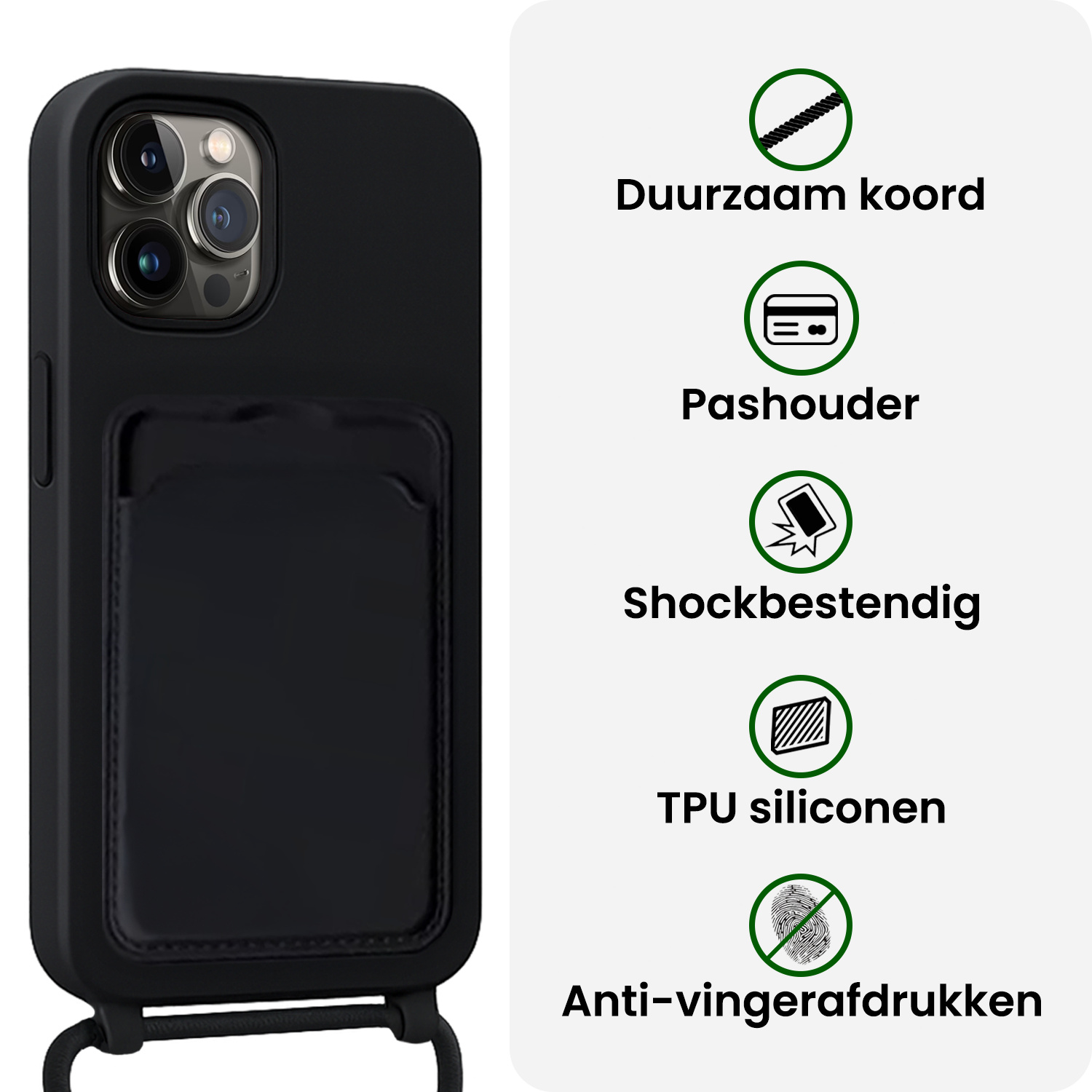 BASEY. BASEY. iPhone 15 Pro Max Hoesje Pashouder met Koord Met Screenprotector - Zwart