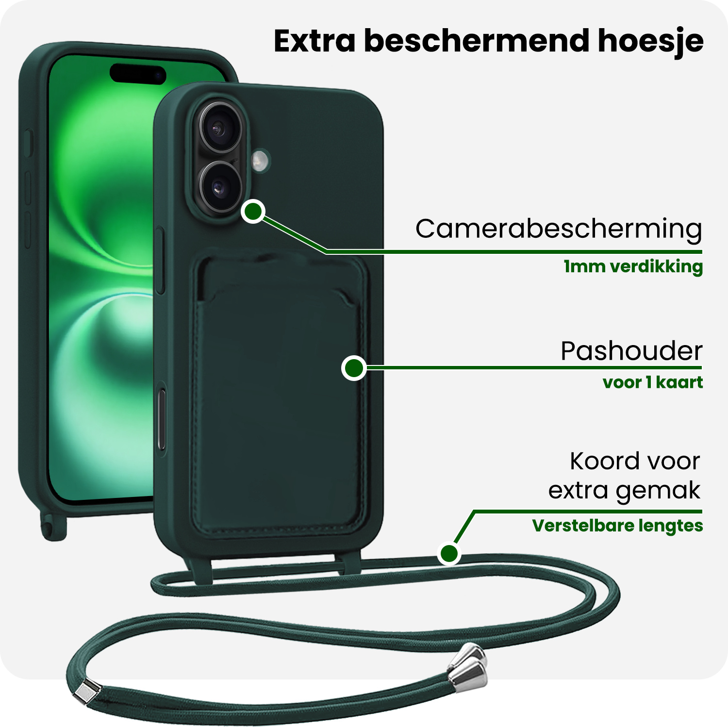 BASEY. BASEY. iPhone 16 Plus Hoesje Pashouder met Koord - Donkergroen