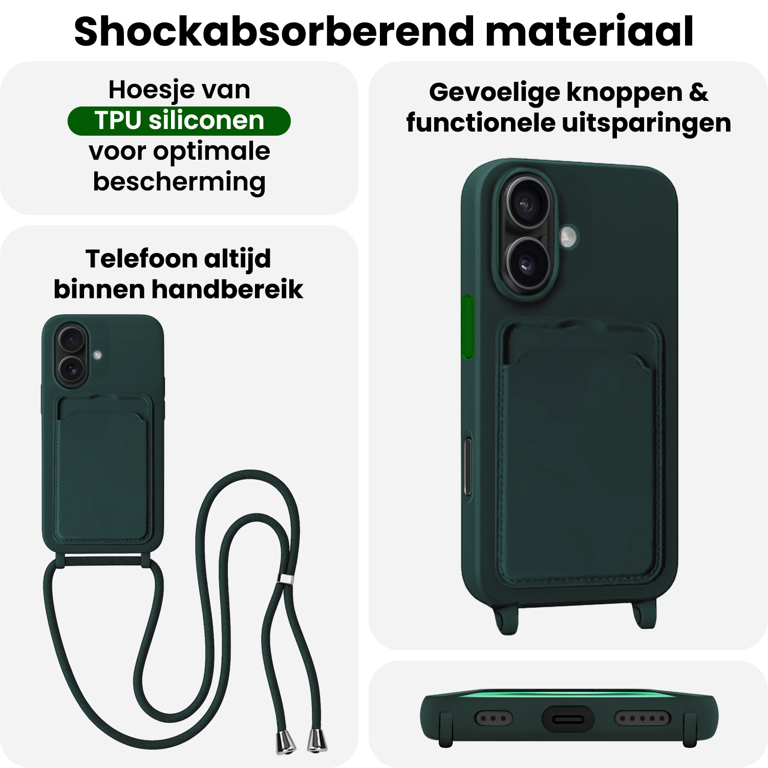 BASEY. BASEY. iPhone 16 Plus Hoesje Pashouder met Koord - Donkergroen - 2 PACK