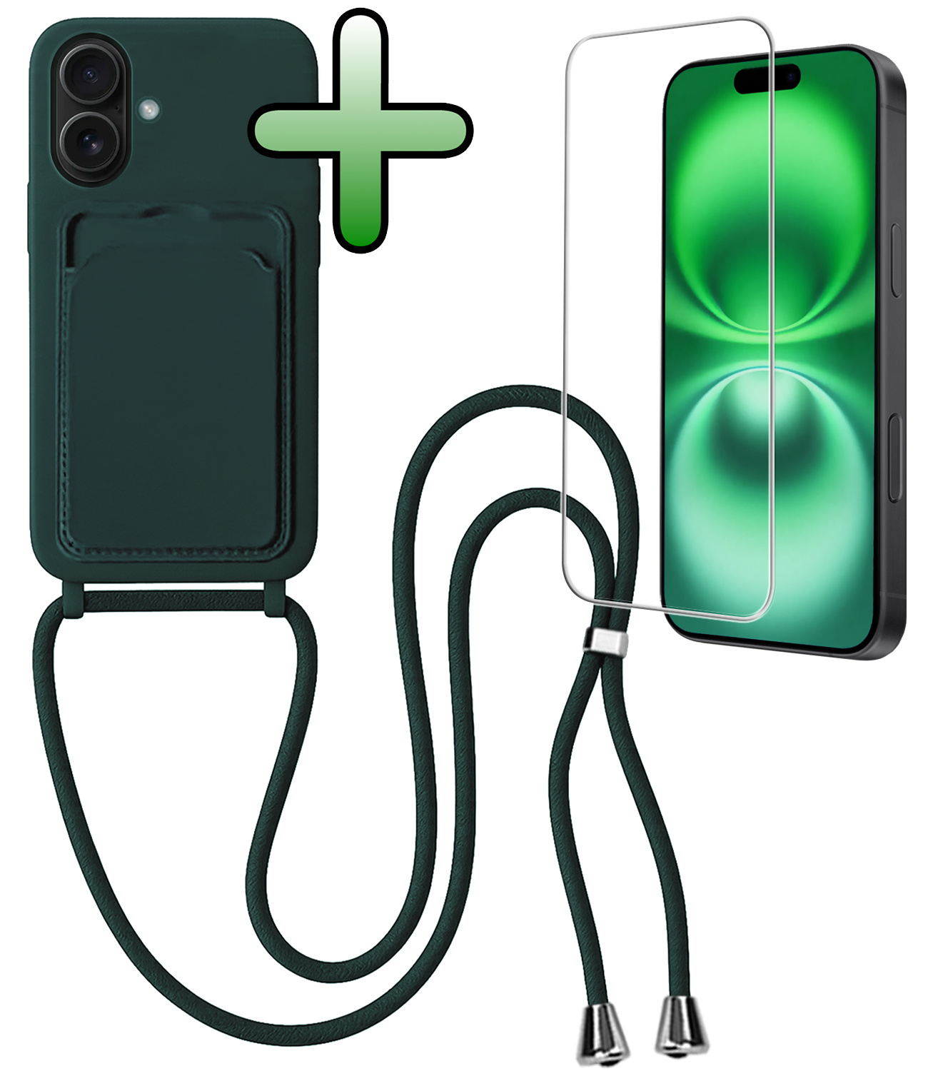 BASEY. BASEY. iPhone 16 Plus Hoesje Pashouder met Koord Met Screenprotector - Donkergroen