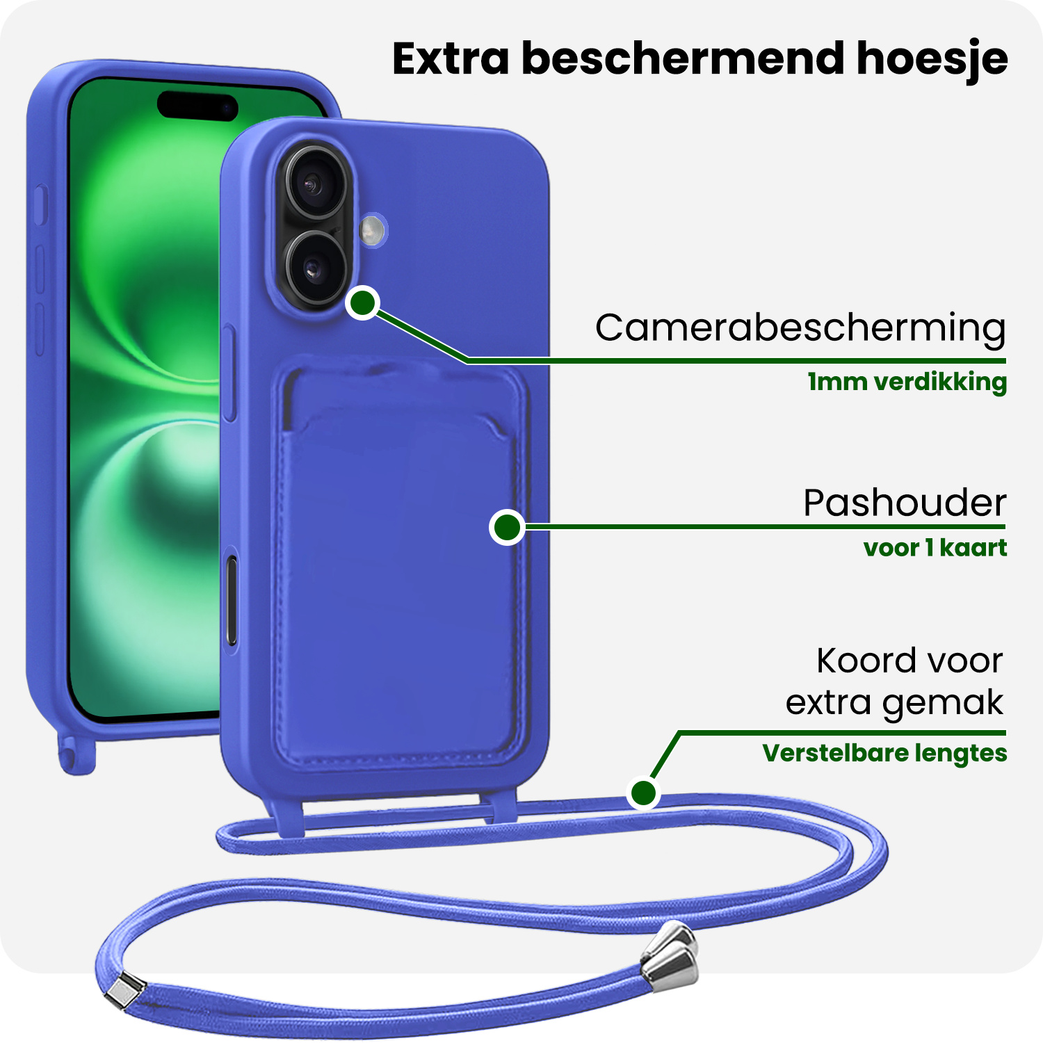 BASEY. BASEY. iPhone 16 Plus Hoesje Pashouder met Koord Met Screenprotector - Fel Blauw