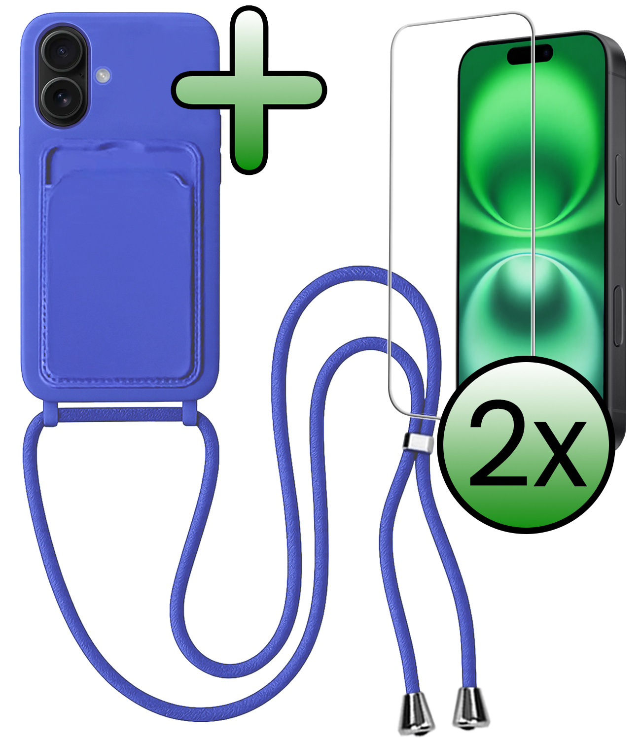 BASEY. BASEY. iPhone 16 Plus Hoesje Pashouder met Koord Met 2x Screenprotector - Fel Blauw