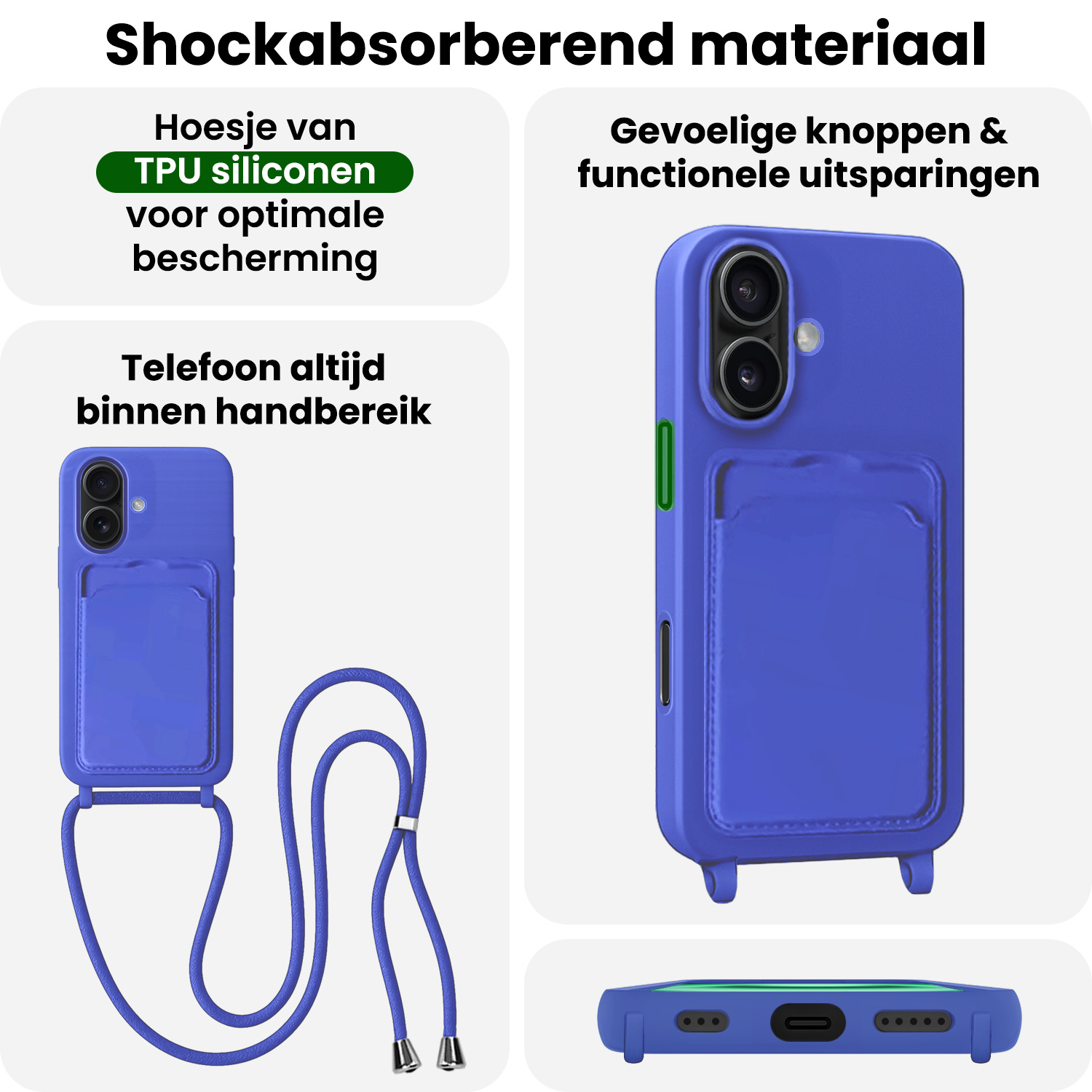 BASEY. BASEY. iPhone 16 Plus Hoesje Pashouder met Koord Met 2x Screenprotector - Fel Blauw