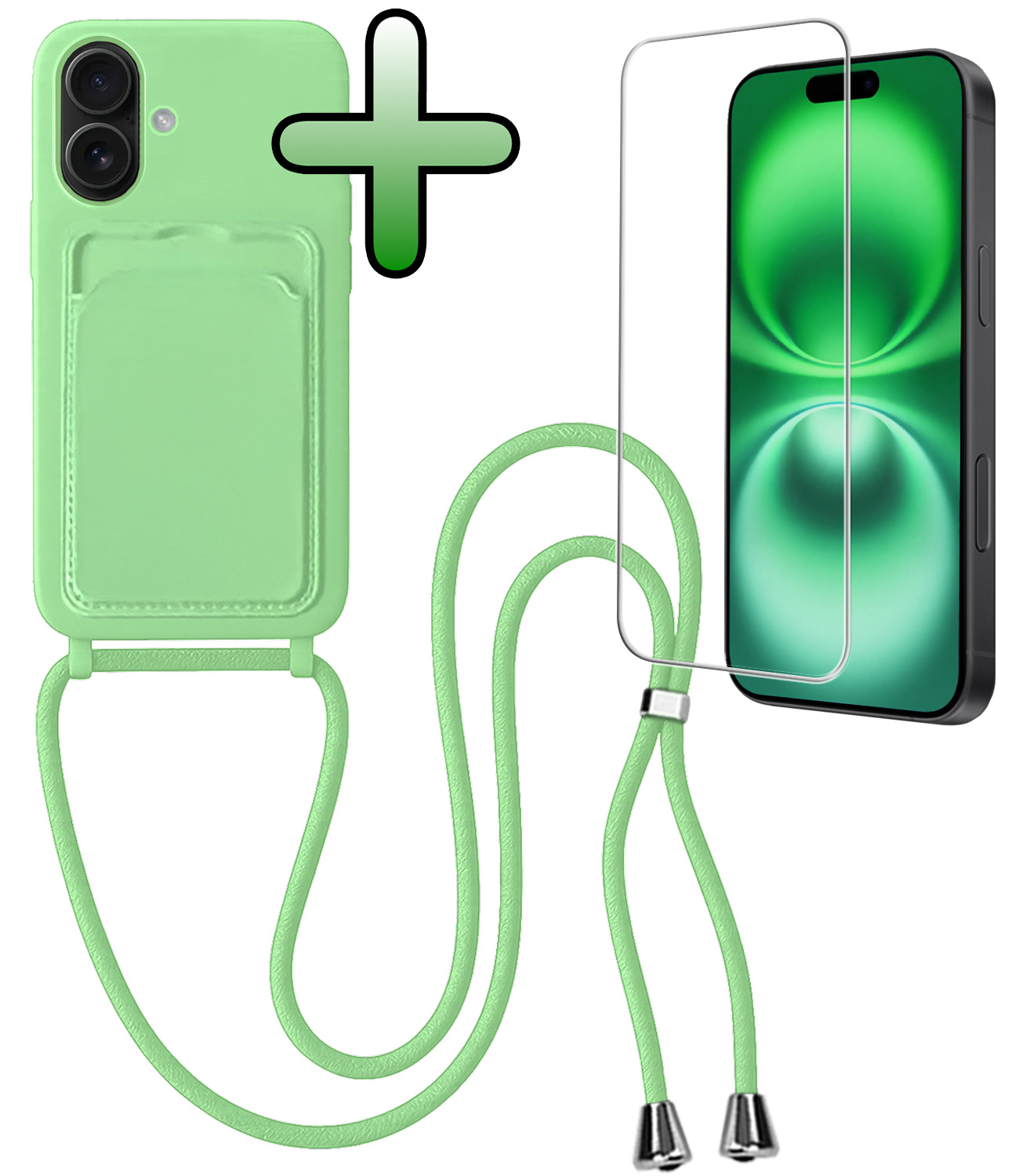 BASEY. BASEY. iPhone 16 Plus Hoesje Pashouder met Koord Met Screenprotector - Groen