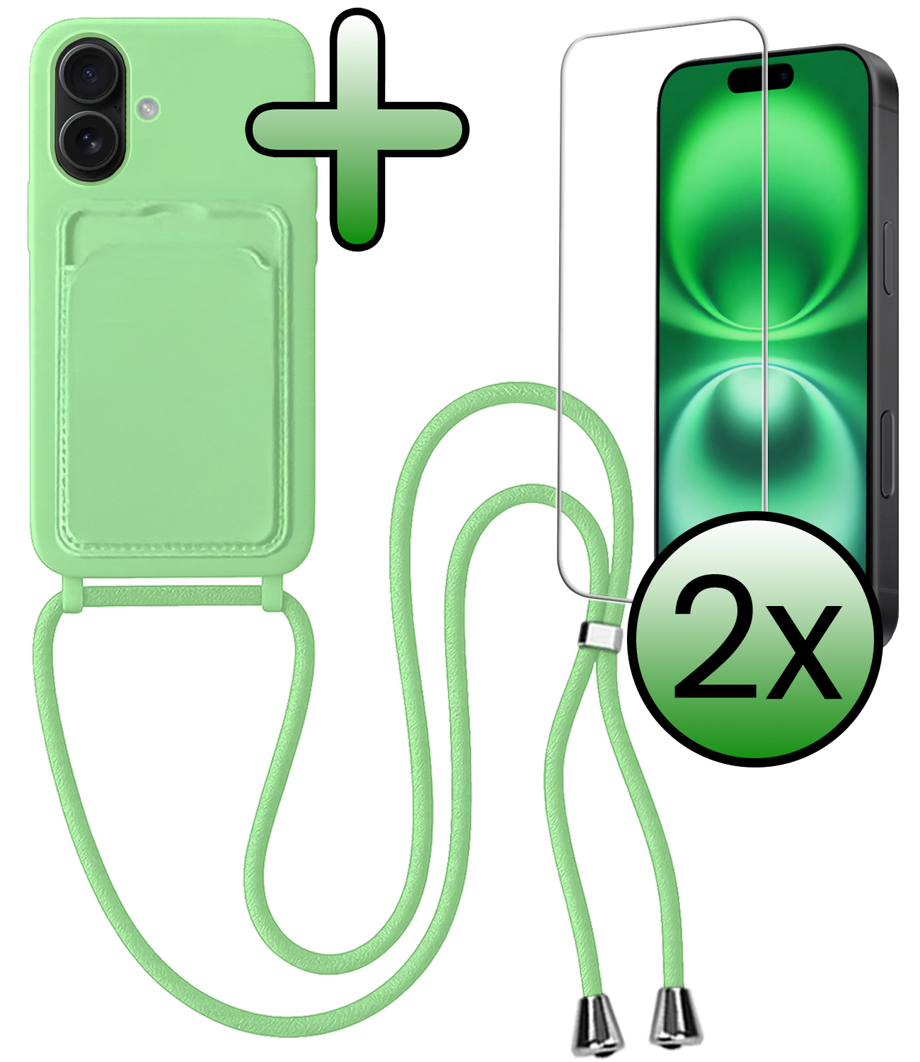 BASEY. BASEY. iPhone 16 Plus Hoesje Pashouder met Koord Met 2x Screenprotector - Groen