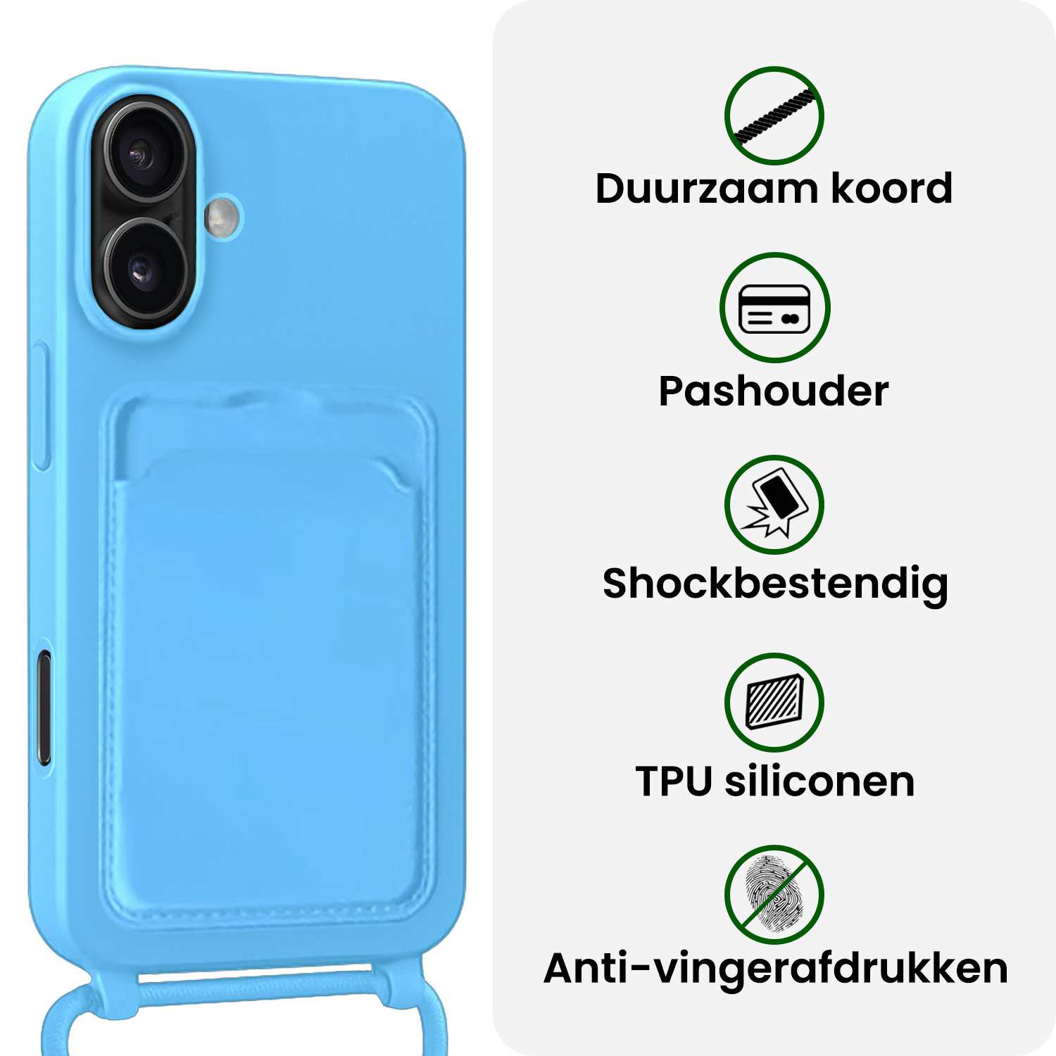 BASEY. BASEY. iPhone 16 Plus Hoesje Pashouder met Koord Met 2x Screenprotector - Lichtblauw