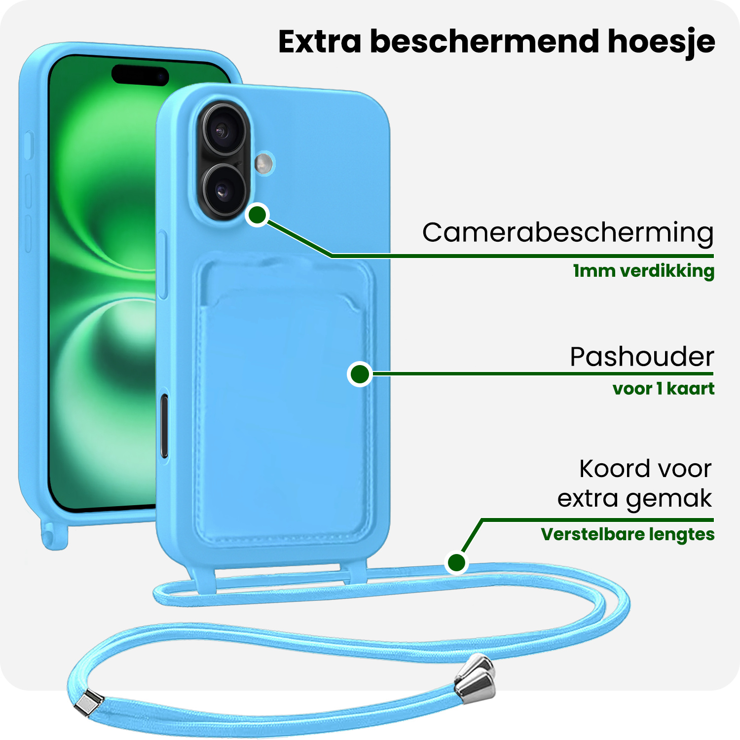 BASEY. BASEY. iPhone 16 Plus Hoesje Pashouder met Koord Met 2x Screenprotector - Lichtblauw