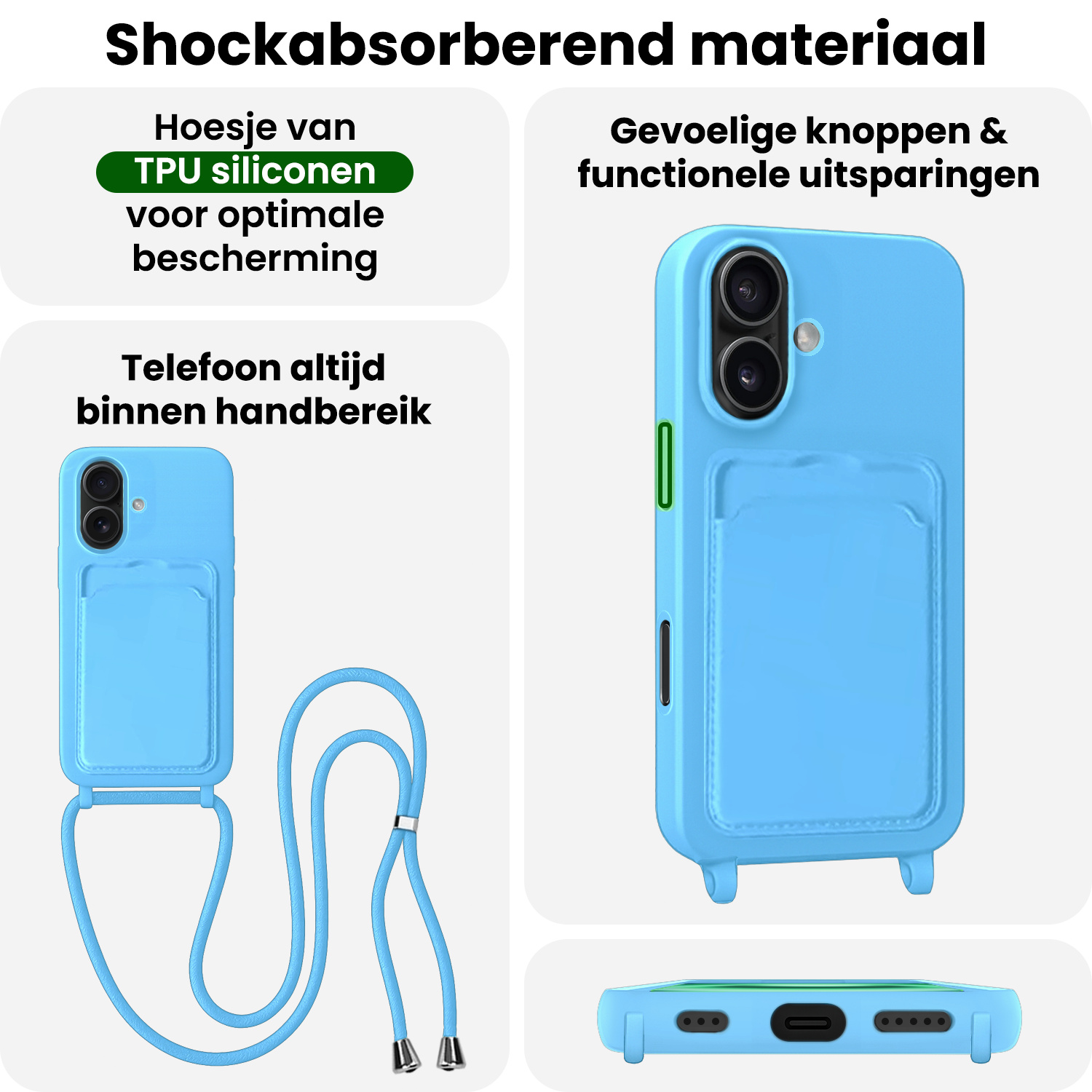 BASEY. BASEY. iPhone 16 Plus Hoesje Pashouder met Koord Met 2x Screenprotector - Lichtblauw