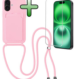 BASEY. BASEY. iPhone 16 Plus Hoesje Pashouder met Koord Met Screenprotector - Lichtroze