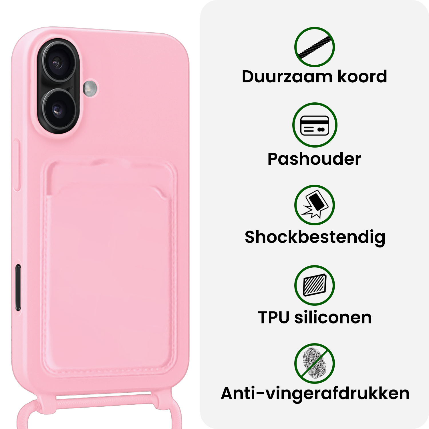 BASEY. BASEY. iPhone 16 Plus Hoesje Pashouder met Koord Met Screenprotector - Lichtroze